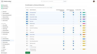 Urlaubsverwaltung: Einstellungen zu Abwesenheitsarten mit Status, Genehmigungs- und Stornierungsprozess, Sichtbarkeit und Farbe