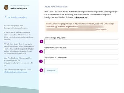 Azure AD Konfiguration im Kundenportal mit den Feldern Anwendungs-ID, geheimer Clientschlüssel und Verzeichnis-ID sowie Schaltfläche zum Speichern