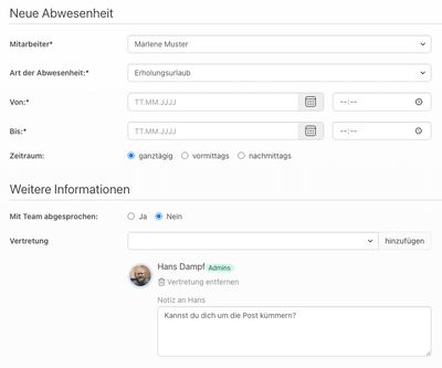 Formular zum Einreichen einer Abwesenheit mit ausgewählter Vertretung.