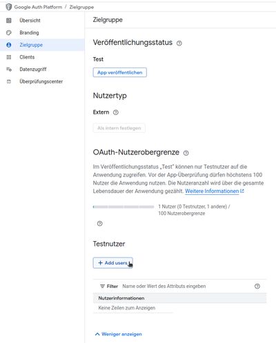 Detailansicht zum Pflegen der OAuth-Zielgruppe und Nutzer