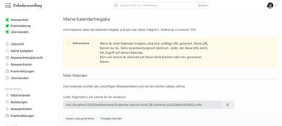 Generierter geheimer Link zur Kalenderfreigabe mit Schaltfläche zum Kopieren