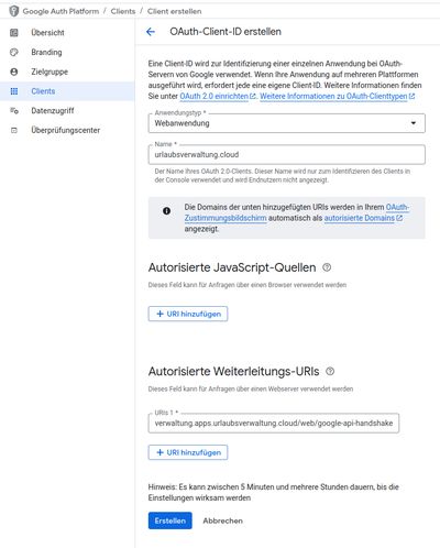 Detailansicht zum Erstellen eines neuen Google-OAuth-Clients