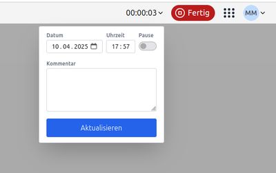 Laufende Stoppuhr mit Eingabefeldern für Datum, Startzeit, Pause und Kommentar