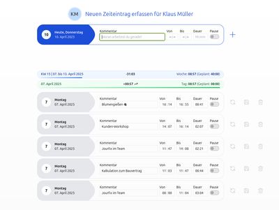 Startseite mit Formular „Neuen Zeiteintrag erfassen für Klaus Müller“ und seinen Zeiteinträgen