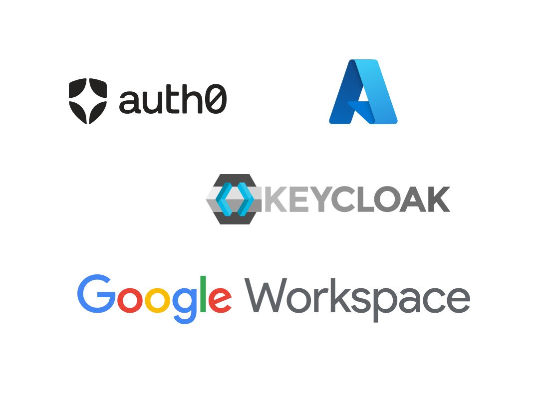 Logos der OpenID-Provider Auth0, Microsoft Azure, Keycloak und Google Workspace.