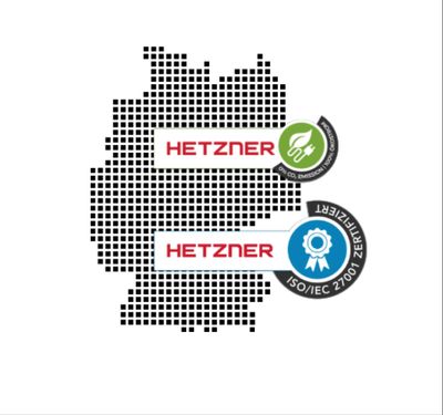 Deutschlandkarte mit den Hetzner-Siegeln „ISO/IEC 27001 zertifiziert“ und „0 % CO2-Emission, 100 % Ökostrom“