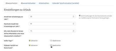 Konfiguration zum Deaktivieren/Aktivieren des Verfalls von Resturlaub für alle Mitarbeitenden