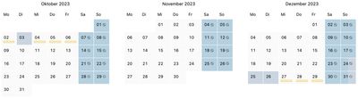 Brückentage im Oktober bis Dezember 2023 in der Kalenderdarstellung