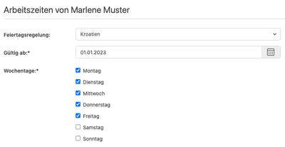 Arbeitszeiten von Marlene Muster mit ausgewählter Feiertagsregelung Kroatien