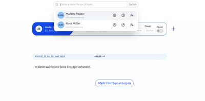 Globale Suche der Zeiterfassung mit Trefferliste von Personen, je mit Direktsprung zu Zeiten, Berichten und Rechten