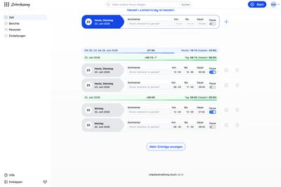 Zeiterfassung 3.0.0 mit neuer Sidebar-Navigation links: Zeit, Berichte, Personen, Einstellungen