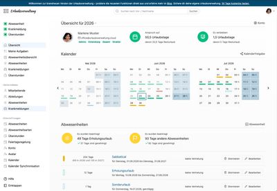 Urlaubsverwaltung 6.0.0 mit neuer Sidebar-Navigation links, rechts die persönliche Übersicht mit Kalender und Abwesenheiten