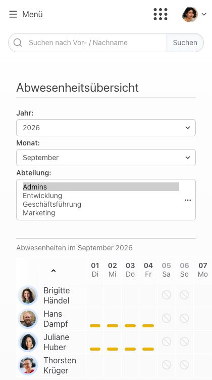 Abwesenheitsübersicht in der App mit Filtern für Jahr, Monat und Abteilung sowie einer Tabelle, die je Person und Tag im September 2026 die Abwesenheiten zeigt
