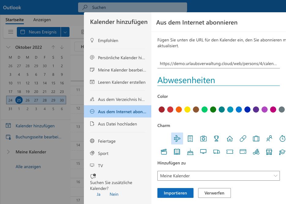 Outlook-Dialog „Aus dem Internet abonnieren“ mit eingefügtem Link aus der Urlaubsverwaltung und Kalendername „Abwesenheiten“