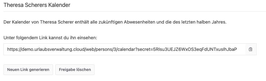 Kalenderfreigabe mit generiertem iCal-Link sowie Schaltflächen „Neuen Link generieren“ und „Freigabe löschen“