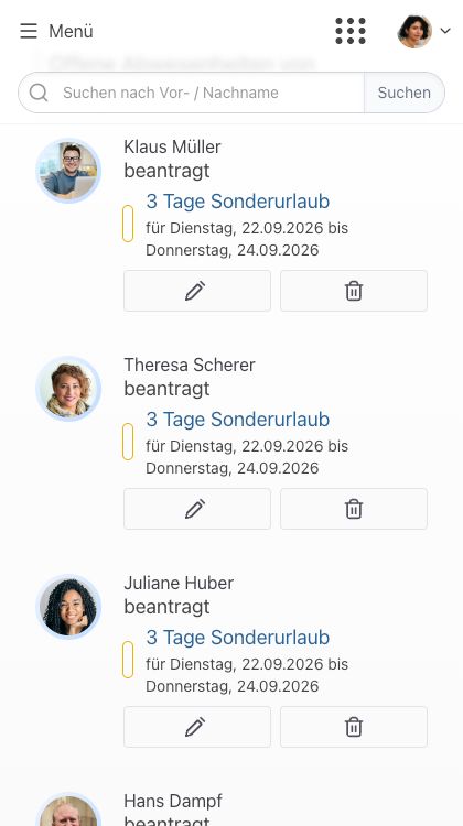 Liste offener Anträge in der App: mehrere Personen haben je 3 Tage Sonderurlaub beantragt, jeder Eintrag mit Schaltflächen zum Bearbeiten und Löschen