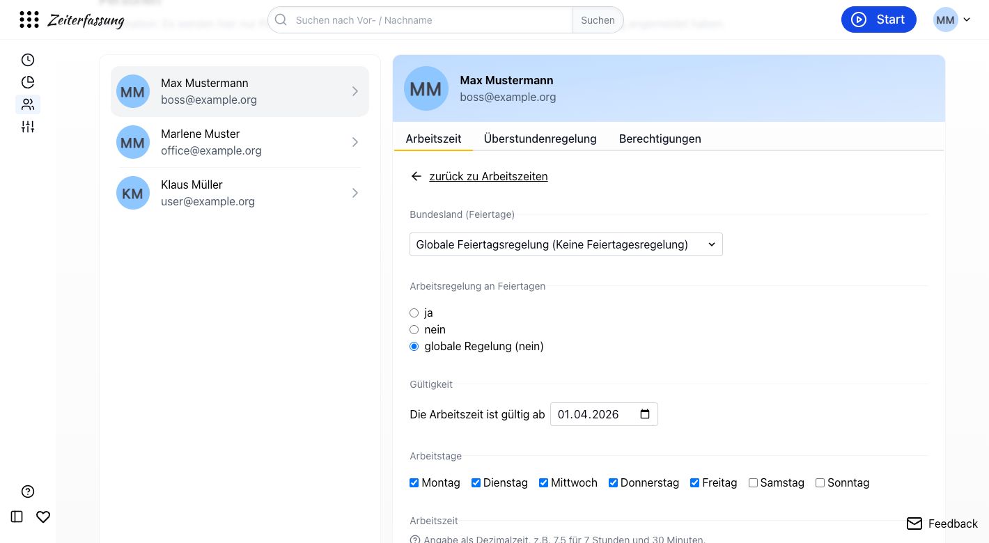 Arbeitszeiteinstellungen einer Person mit Bundesland für Feiertage, Arbeit an Feiertagen, Gültigkeitsdatum und Auswahl der Arbeitstage