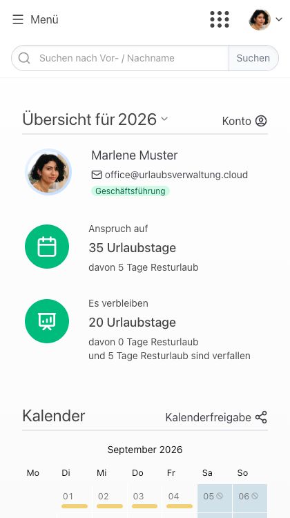 Übersicht in der App: Anspruch auf 35 Urlaubstage, davon 20 Urlaubstage verbleibend, darunter der Beginn des Kalenders für September 2026