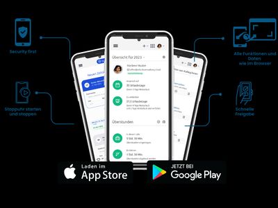 Drei Smartphones mit der Urlaubsverwaltung-App, daneben die Merkmale „Security first“, „Stoppuhr starten und stoppen“, „Alle Funktionen und Daten wie im Browser“ und „Schnelle Freigabe“ sowie die Download-Badges für Apple App Store und Google Play