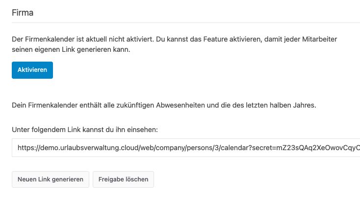 Firmenkalender mit Schaltfläche „Aktivieren“, iCal-Link sowie Schaltflächen „Neuen Link generieren“ und „Freigabe löschen“
