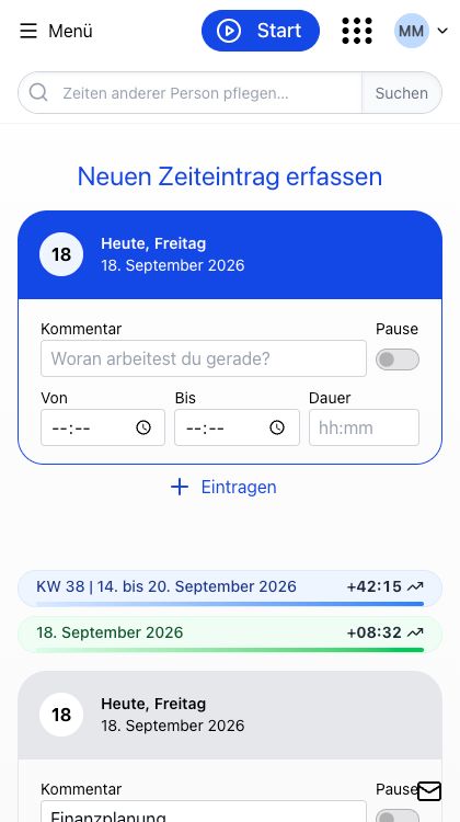 Zeiterfassung in der App: Formular „Neuen Zeiteintrag erfassen“ mit Kommentar, Von, Bis und Dauer, oben die Start-Schaltfläche der Stoppuhr, darunter die Summen für Woche und Tag