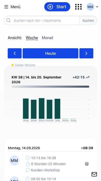 Bericht der erfassten Arbeitszeiten in der App: Wochenansicht mit Balkendiagramm je Wochentag, Saldo von plus 42:15 Stunden und darunter die einzelnen Zeiteinträge eines Tages