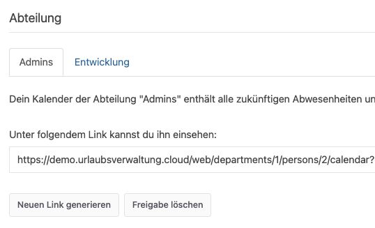 Kalenderfreigabe auf Abteilungsebene mit Reitern „Admins“ und „Entwicklung“ und dem iCal-Link der Abteilung